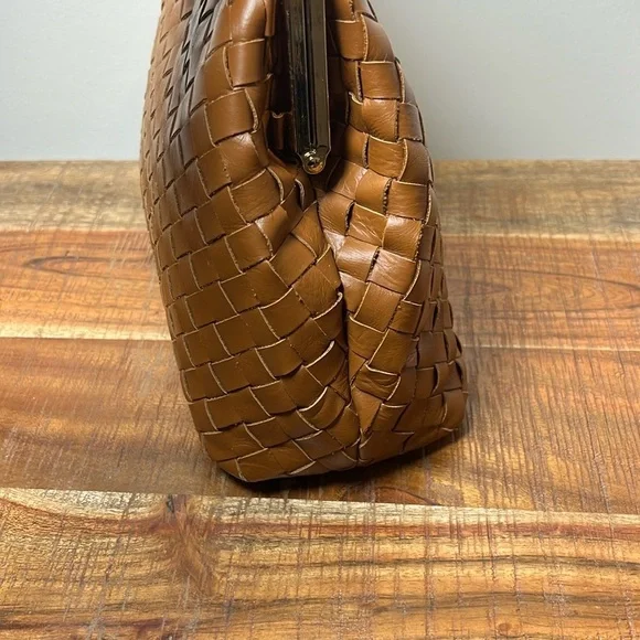 Valentina Fiore Brown Woven Leather Shoulder Bag with Curved Handle, No Strap - Picture 7 of 9